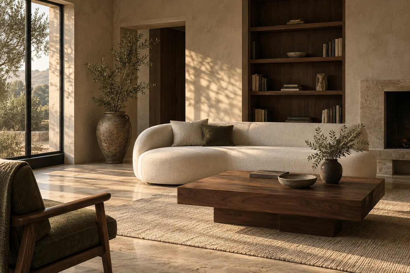 Sugeneruotas interjero vaizdas: šviesi sofa, medžio ir akmens detalės