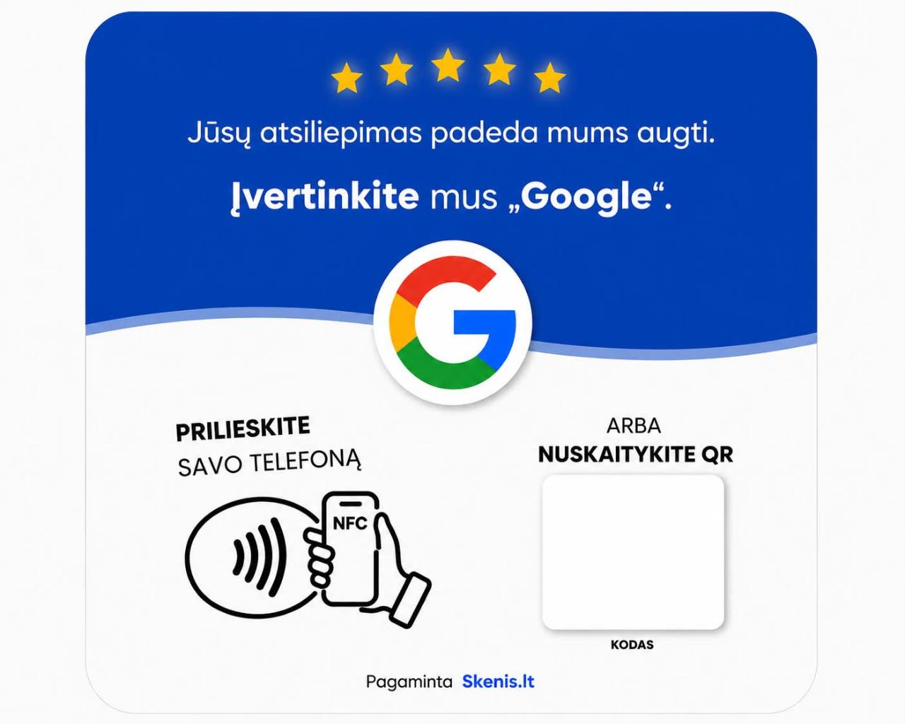 Skenis NFC ir QR atsiliepimų kortelė